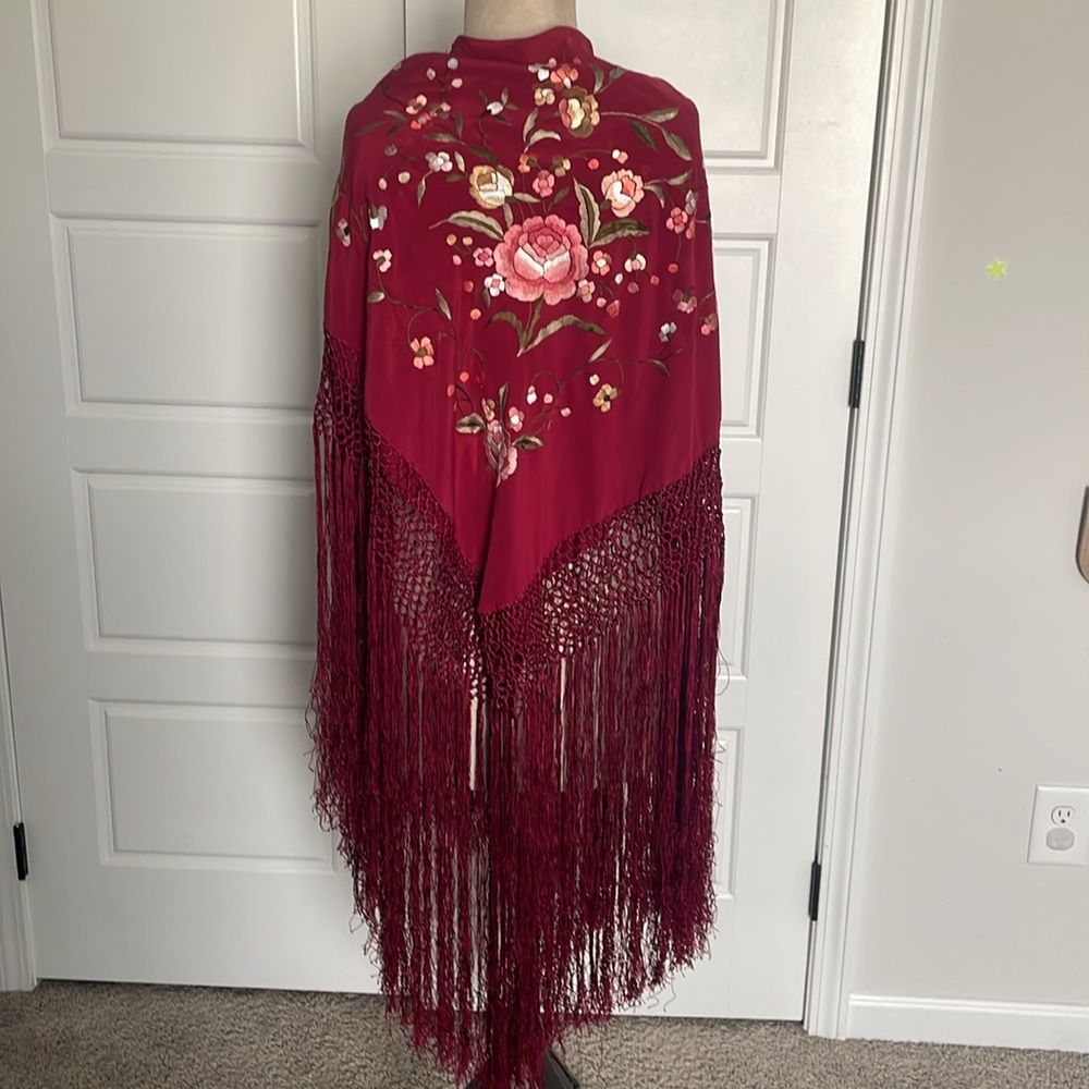 Antique Silk Hand Embroidered Floral Piano Shawl with Fringe Romantic Fairy